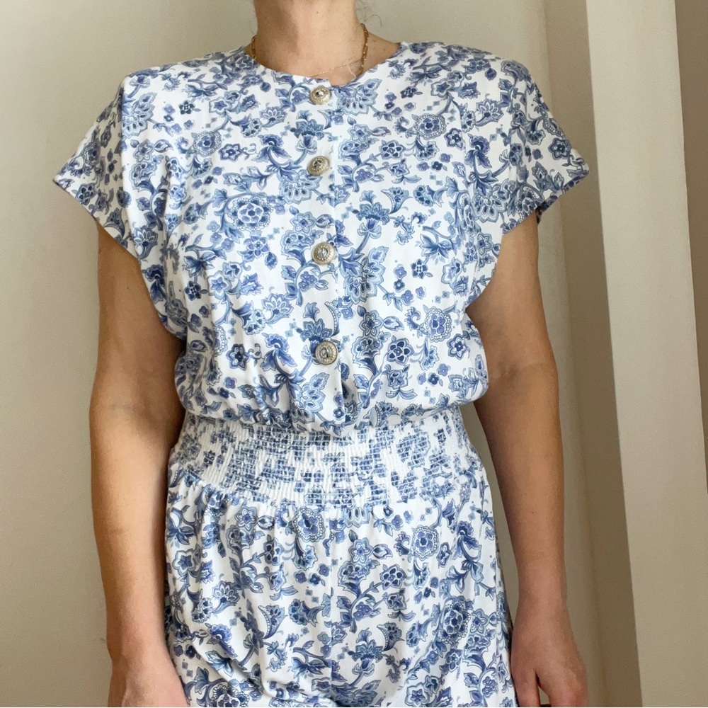 Vintage 80s 90s Jumpsuit Floral Print Blue White Size 8 Romper Cotton Polyester - Picture 2 of 8